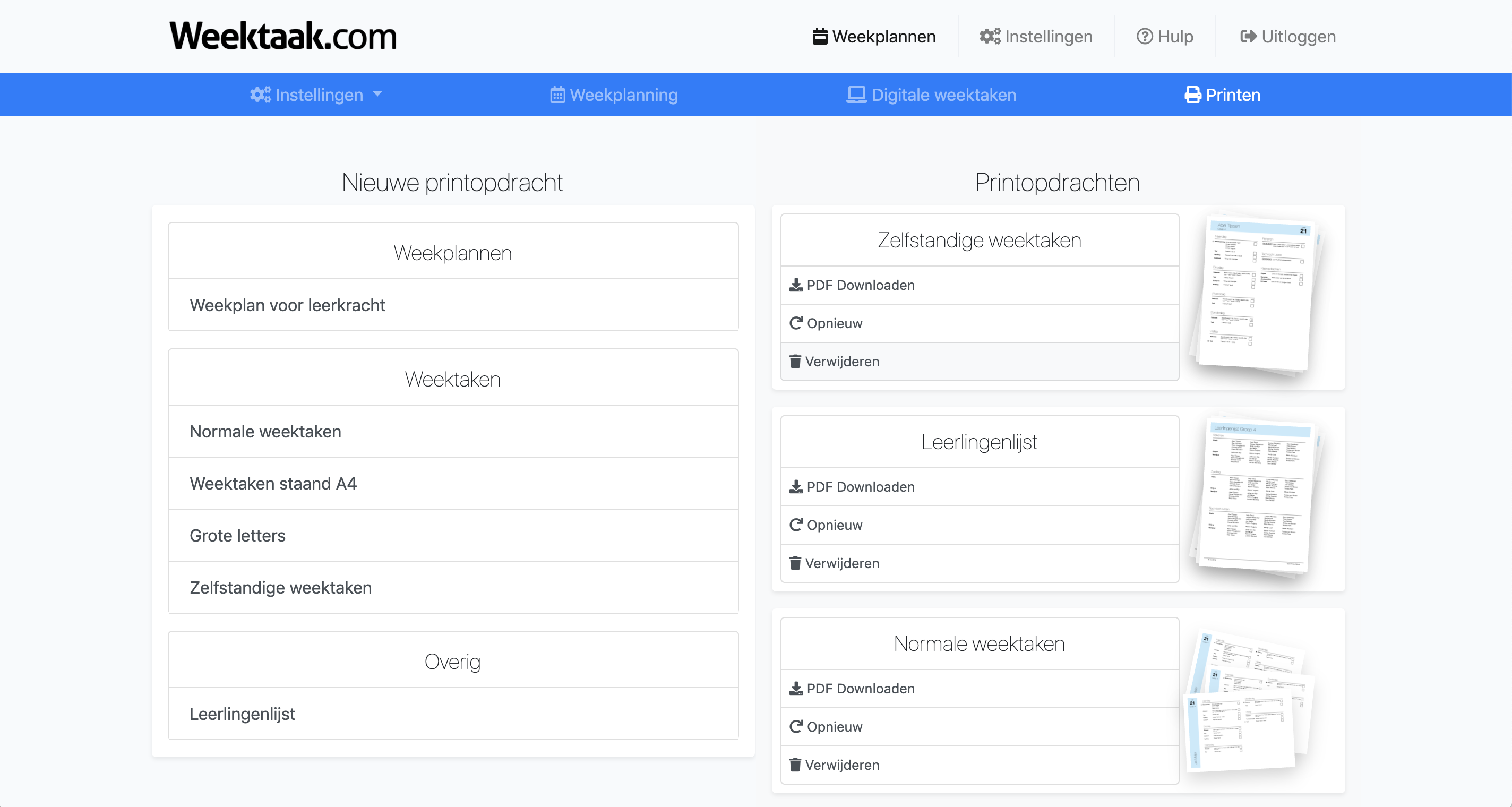 Screenshot waarop printopdrachten van een weektaak te zien zijn