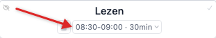 Een les op het rooster met tijdsaanduiding en duur in minuten